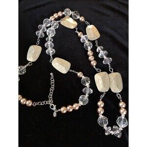 CHICOS SILVER TONE & METALLIC FAUX PEARL CLEAR FACETED BEADED 50”RUNWAY NECKLACE